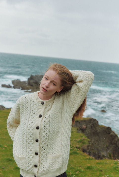 Achill Island Ladies Merino Aran Cardigan - Cream