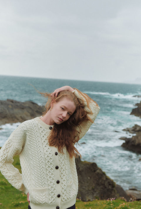 Achill Island Ladies Merino Aran Cardigan - Cream