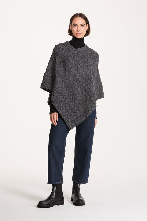 Aasleagh Falls Ladies Aran Poncho - Grey