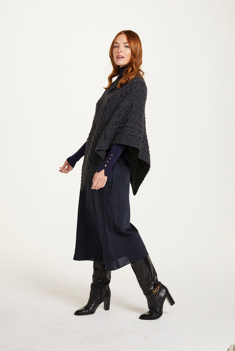 Easkey Ladies Classic Merino Aran Button Poncho - Charcoal