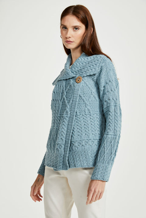 Céide Ladies Merino Aran Cardigan - Blue