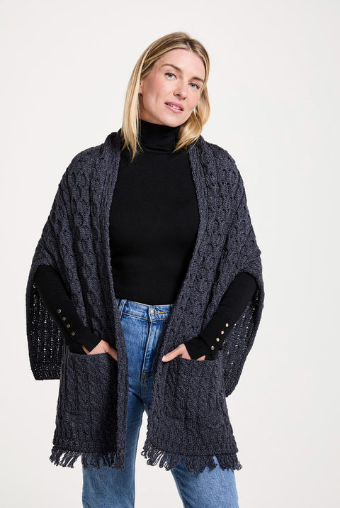 Shannon Throwover Merino Aran Wrap With Pocket - Grey
