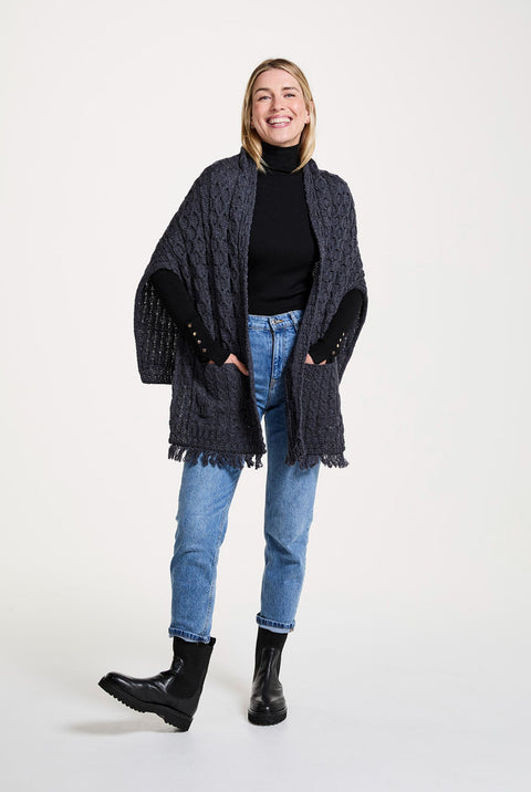 Shannon Throwover Merino Aran Wrap With Pocket - Grey