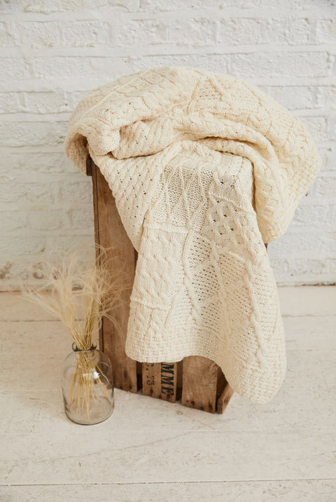 Keel Aran Patchwork Merino Blanket -  Cream