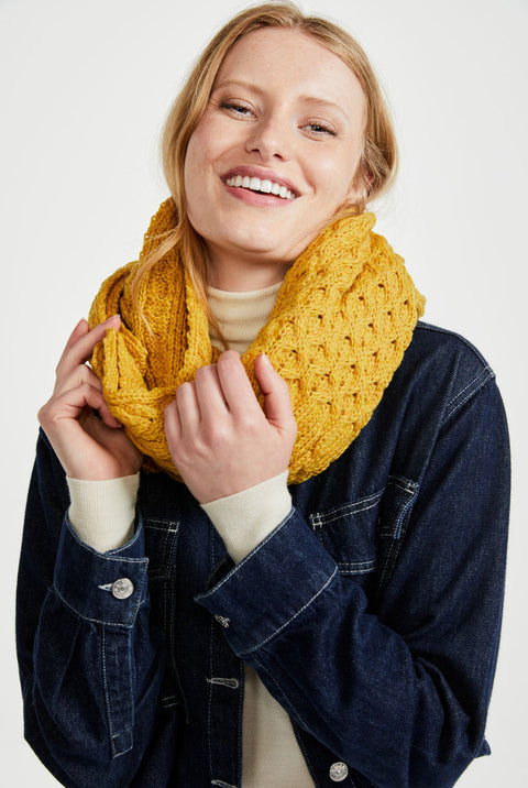 Kilmaine Aran Merino Snood Scarf with Buttons - Yellow