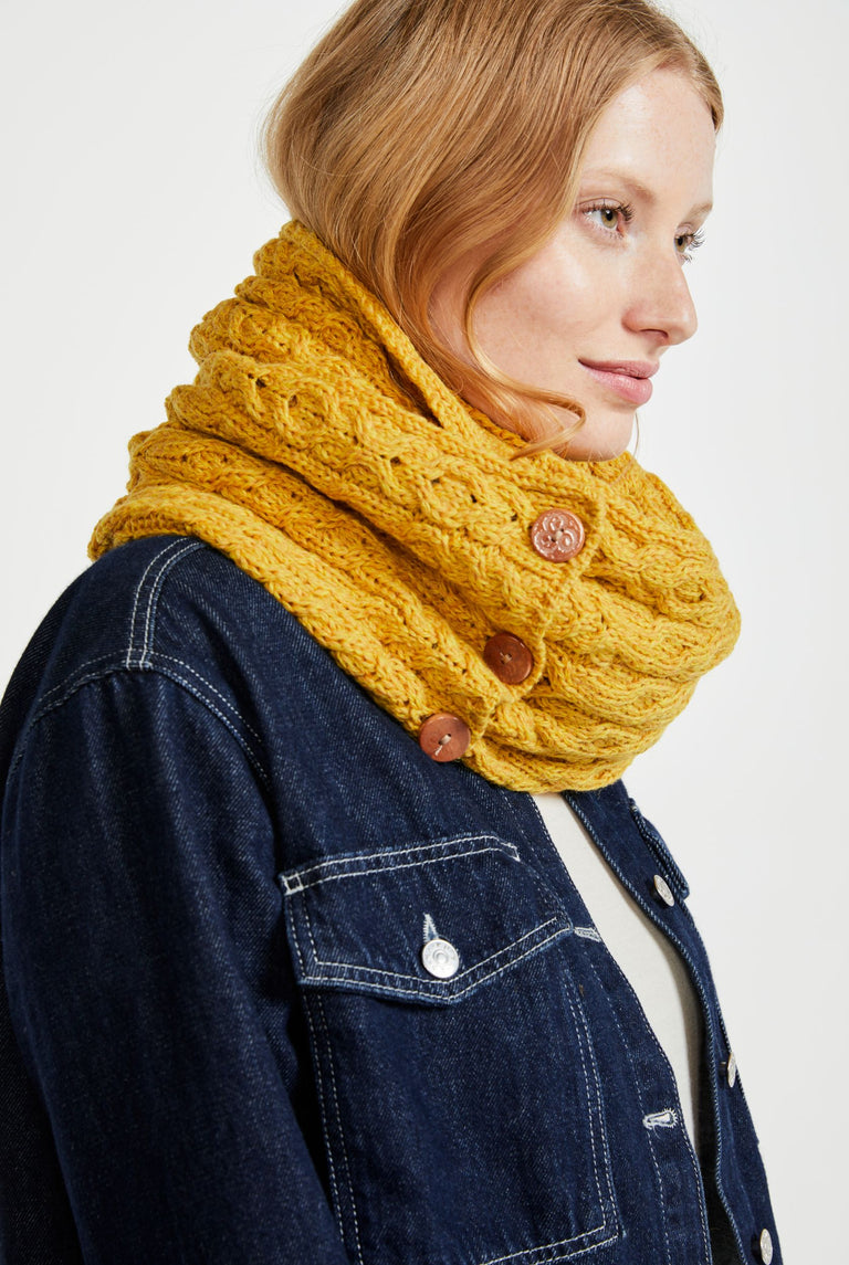 Kilmaine Aran Merino Snood Scarf with Buttons - Yellow