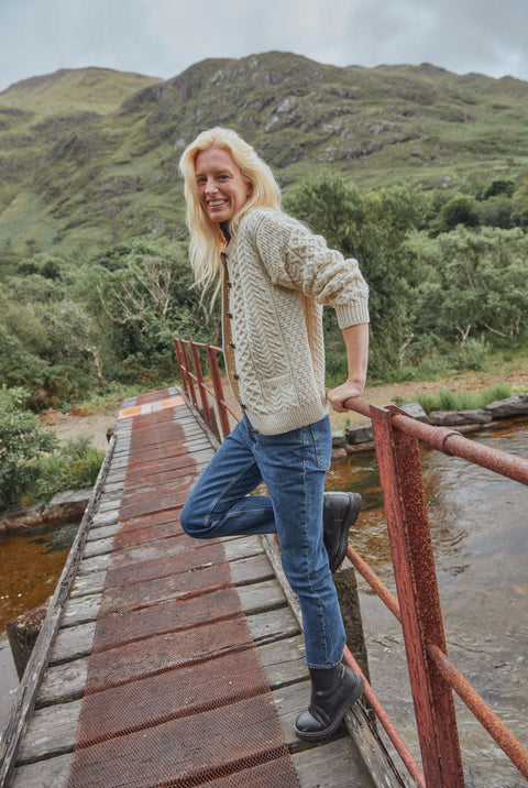 Achill Island Ladies Merino Aran Cardigan - Cream