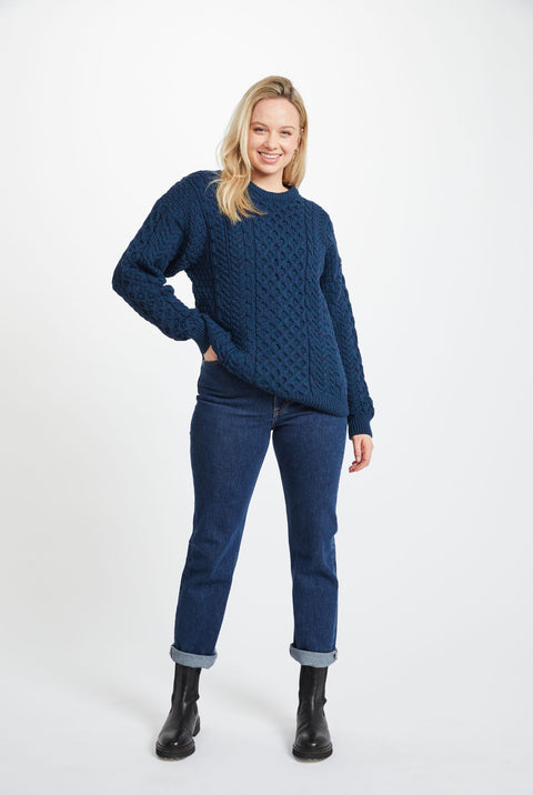 Inisheer Traditional Ladies Merino Aran Sweater - Atlantic