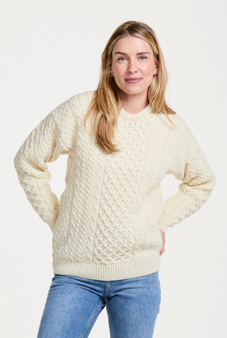 Inishbofin Ladies Traditional Merino Aran Sweater - Cream