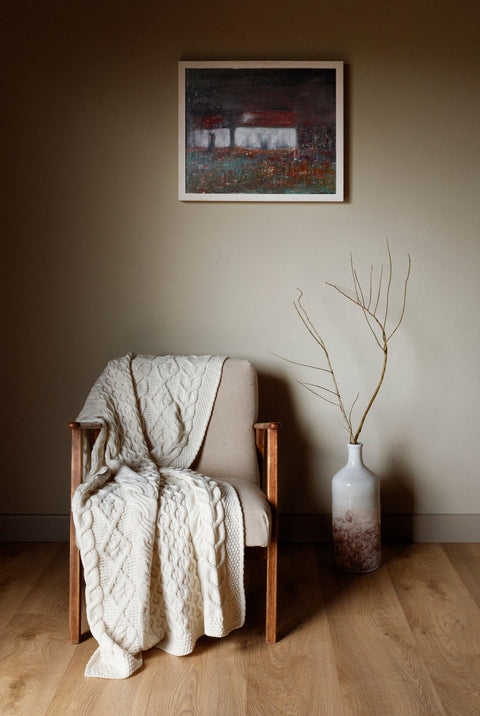 Dugort Honey, Diamond & Cable Aran Blanket - Cream