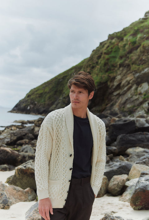 Carlingford Mens Merino Shawl Neck Cardigan - Cream