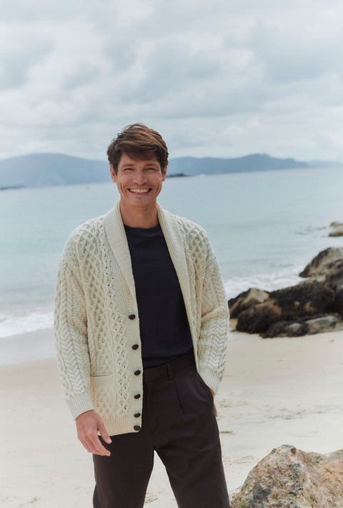 Carlingford Mens Merino Shawl Neck Cardigan - Cream
