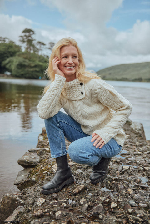 Maeve Aran Supersoft Merino Sweater with Button Collar - Cream