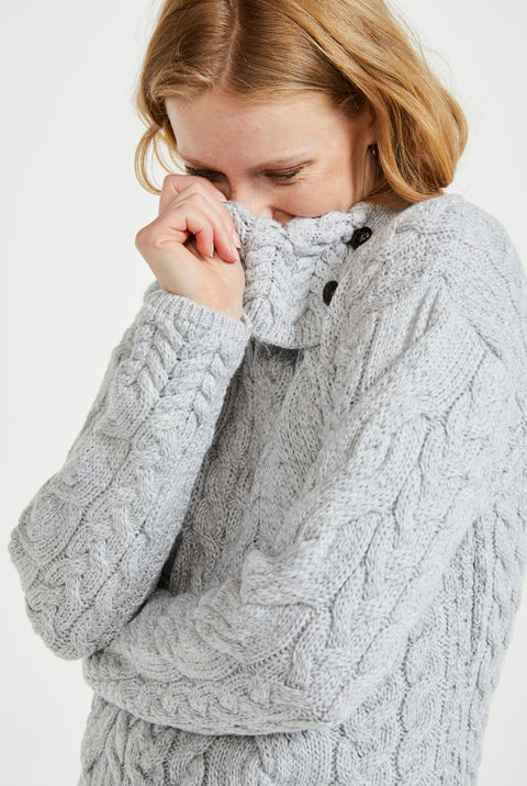 Maeve Aran Supersoft Merino Sweater with Button Collar - Feathered Grey