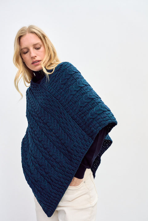 Glencar Ladies Classic Merino Aran Poncho - Atlantic