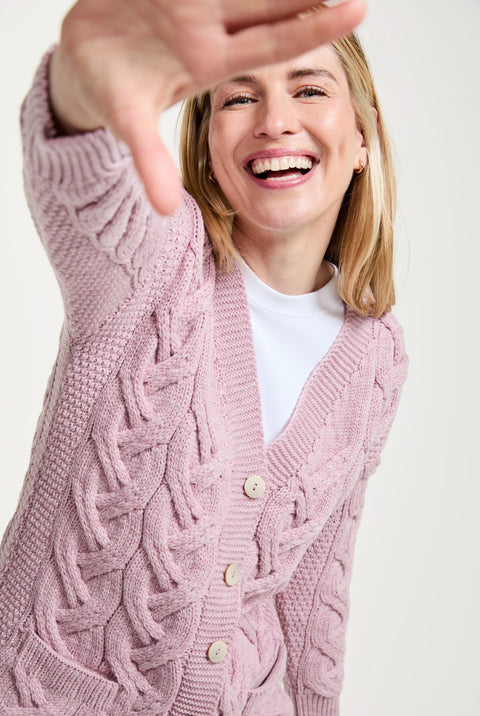 Downpatrick Ladies Merino Aran Cardigan - Pink