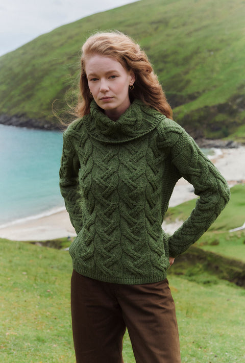 Kinsale Ladies Cable Aran Sweater - Green