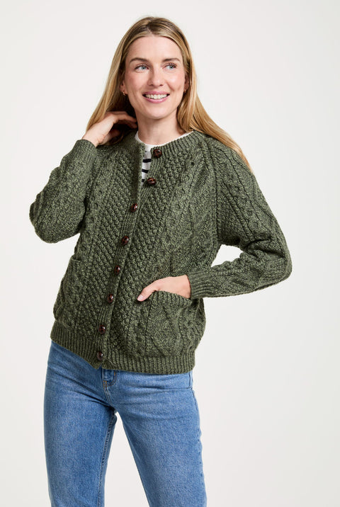 Breaffy Ladies Aran Cardigan - Green